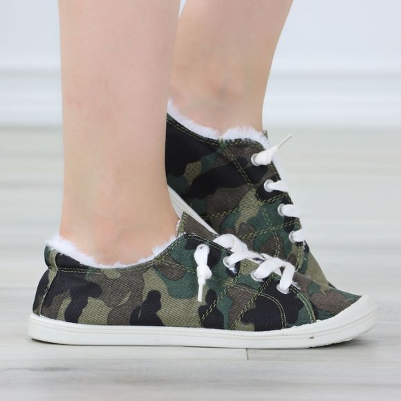 Camouflage Women's Flat Sneakers Canvas Lace Up Round Toe Warm Knit Lining - Picture 8 of 13